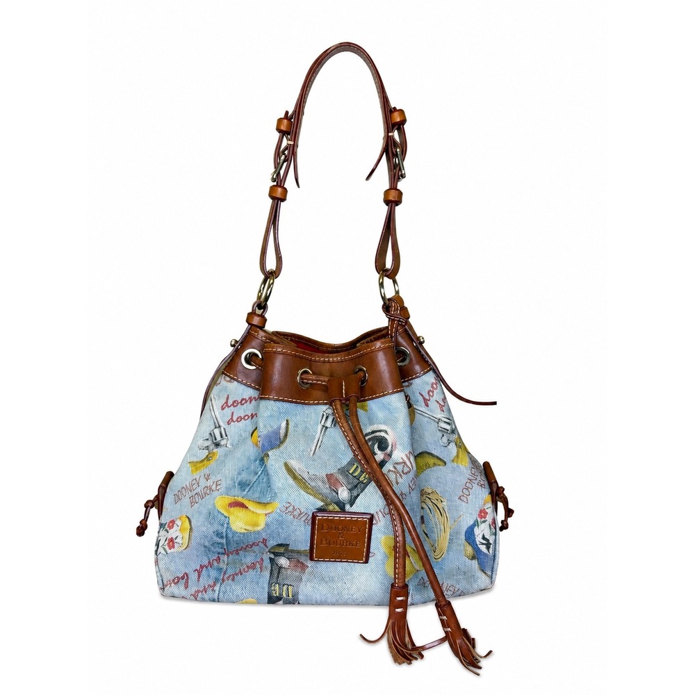 Dooney & Bourke Western Print Canvas Bucket Bag Blue Leather Trim Drawstring